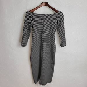 Zara Womens Dress Black Stripe Bodycon Boat Neck Half Sleeve Midi Career Work